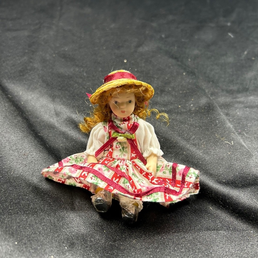 Vintage Miniature Porcelain Doll 4 Inch Red Floral Dress Straw Hat Collectible